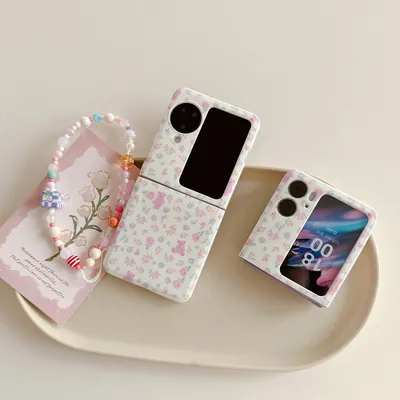 Für OPPO Find N3 FLIP Find N2 Flip Find N2 Flip Phone Case Broken Flower Bear mit Phone Strap mit hängendem Seil Phone Case