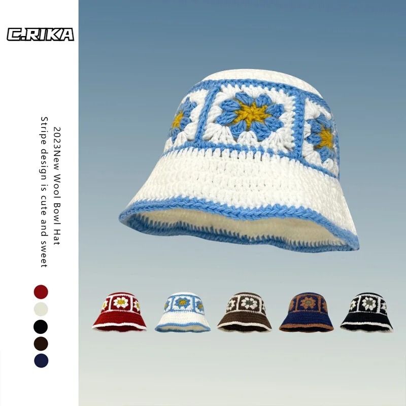 2024 NEUE Japanische Handgemachte Blume Plaid Häkeln Eimer Hüte Frauen Sommer Farbe Passenden Fischer Hut Strand Gestrickte Hut Mädchen Y2k Image