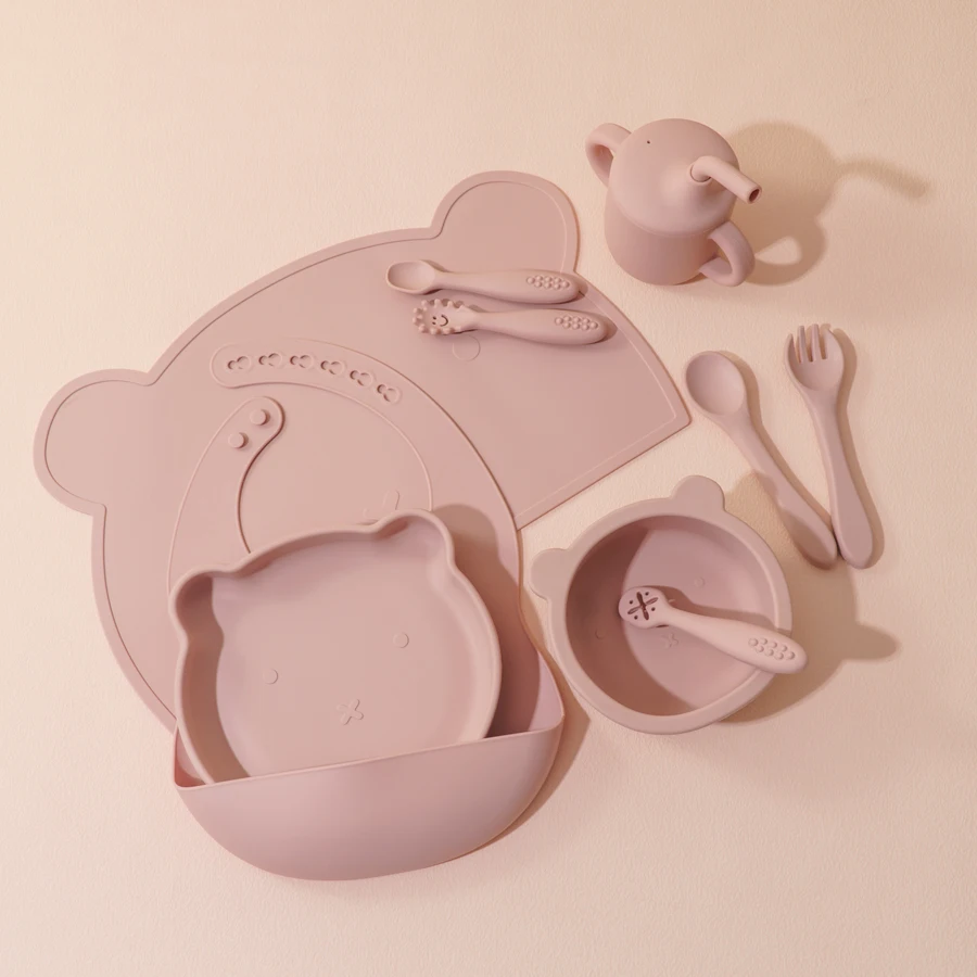 8 Stück Silikon Baby Fütterung sset verstellbare Lätzchen Cartoon Bär Feeidng Geschirr Teller Sauger Schüssel Tasse Besteck Kinder geschirr Image