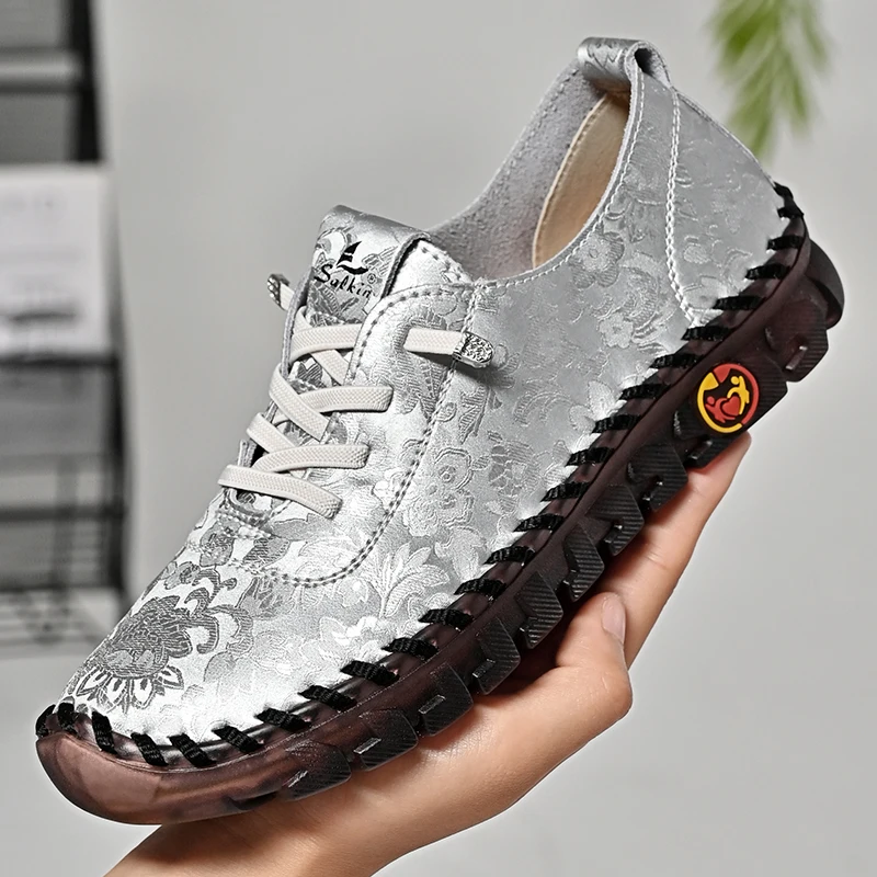 Drucken Mode Turnschuhe Frauen Handgemachte Leder Casual Frauen Schuhe Design Plattform Faulenzer Atmungs Wohnungen Schuh Fahren Plus Größe