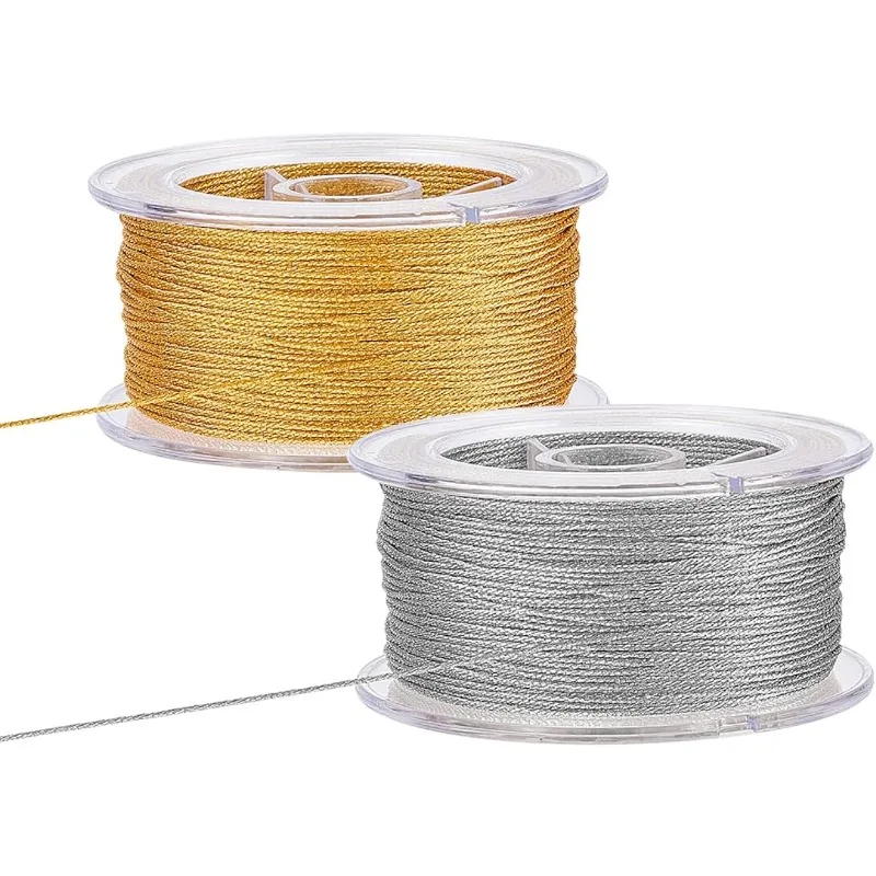 2 Rollen 50 m Metallic-Schnur, Gold, Silber, Nylonfaden, 0,8 mm Schnur, geflochtene Perlenschnüre, Lametta-Schnur für Geschenkpapier, Weihnachten