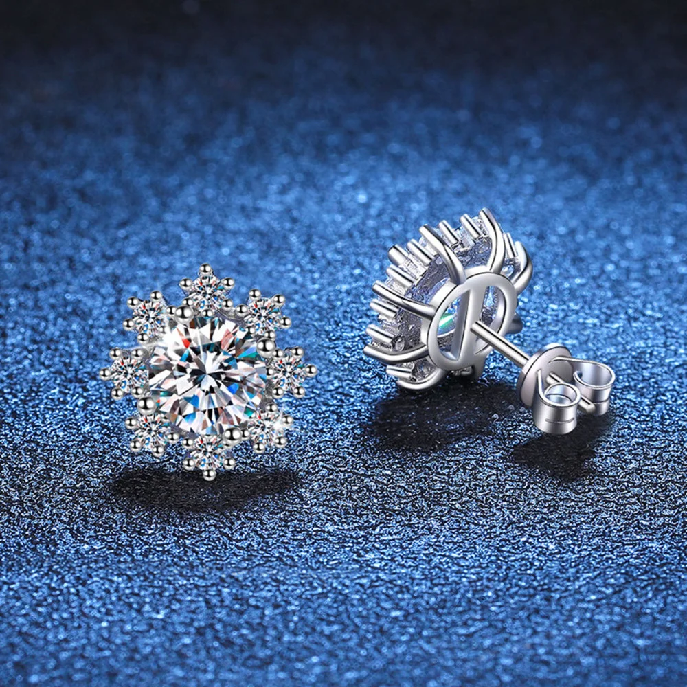 JOIAS HOME Damen-Ohrstecker aus S925-Sterlingsilber, romantische Schneeflocke, D-Farbe, Moissanit-Ohrstecker, einfacher Warteschlangen, erhältlicher Schmuck Image