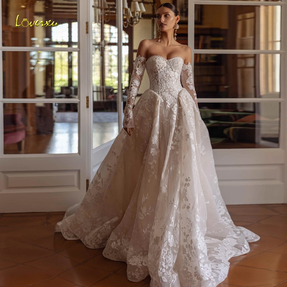 Loverxu A-Linie Anmutige Brautkleider Trägerlos Langarm Vestido De Novia Spitze Stickerei Vintage Nach Maß Brautkleid Image
