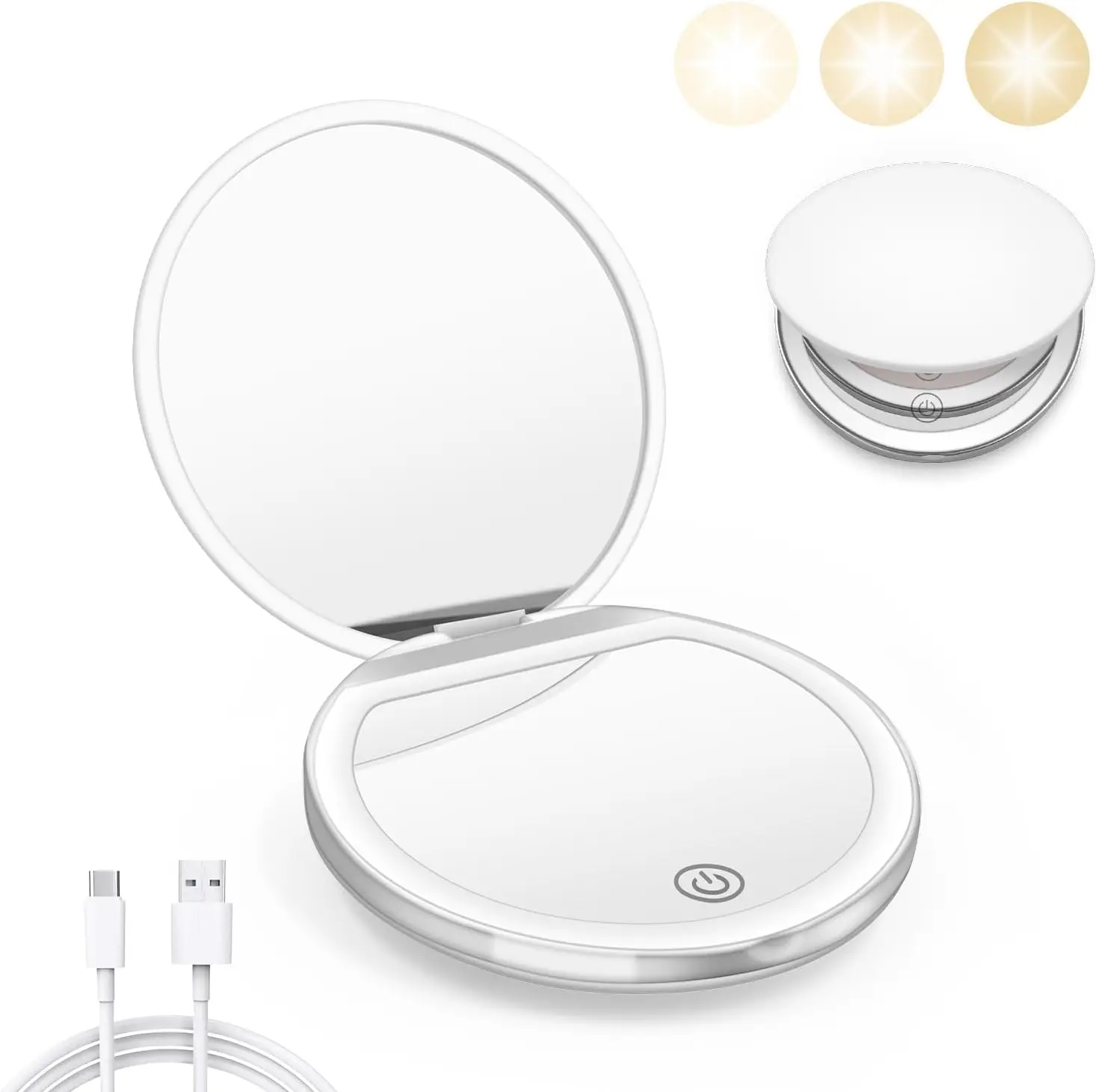 Kompakter Make-up-Spiegel mit Licht, 1-fache/2-fache Vergrößerung, tragbarer, faltbarer Handspiegel, kleiner LED-Reisespiegel für Geschenke
