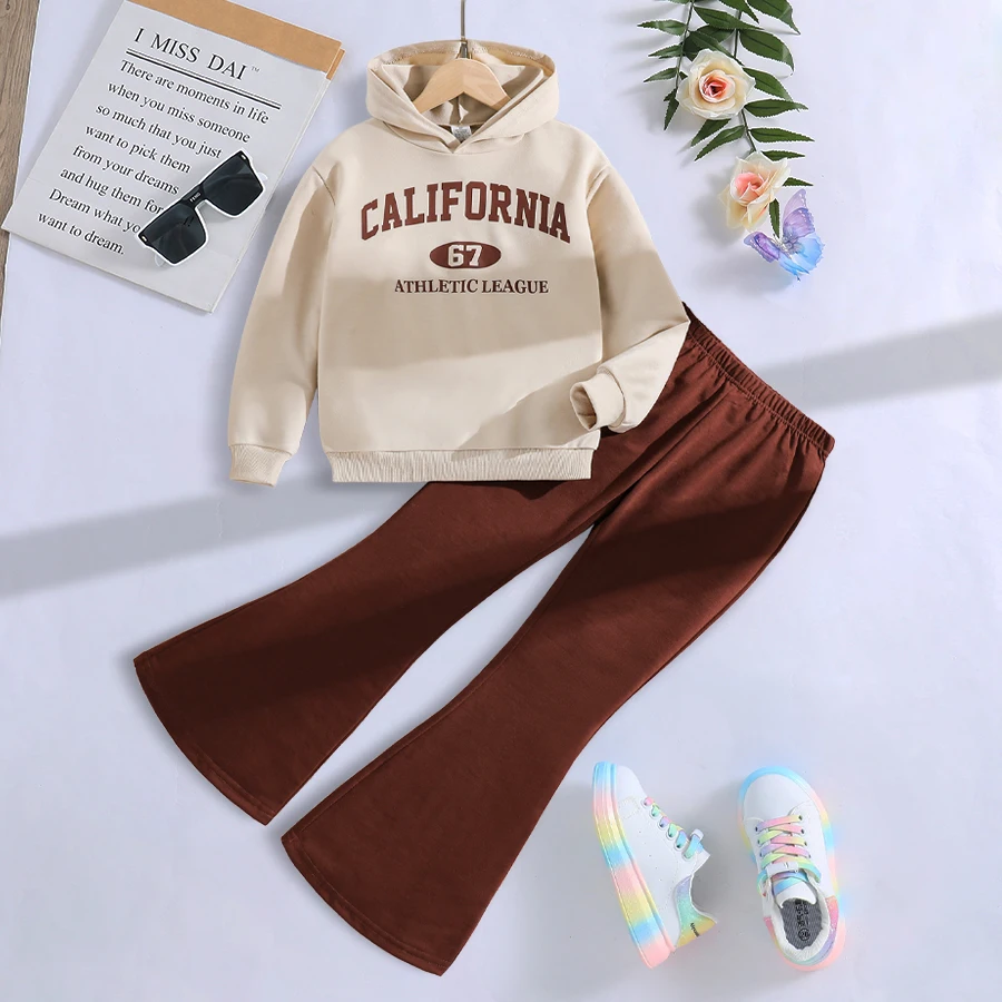 Kinder Frühling und Herbst Mode Mädchen Sport 2-teiliges Set Kaffee Hoodie + Dunkelbraun Lose Weite Bein Hosen Image