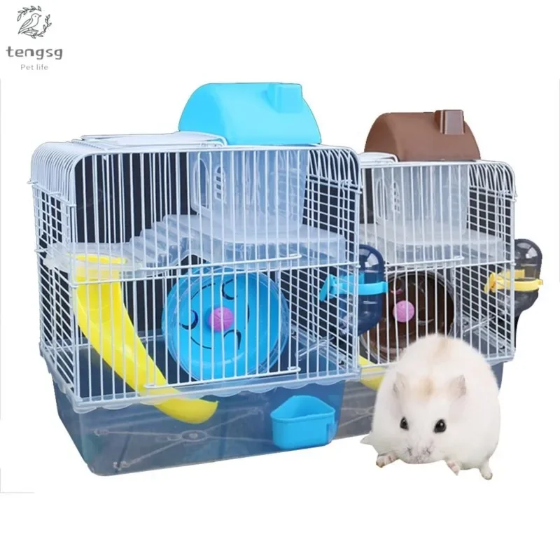 Zweistöckiger villen förmiger Draht käfig mit Futters chale mit Rollschuh laufwerk Spielzeug kleines Schloss Doppels chicht Hamster Animais Image