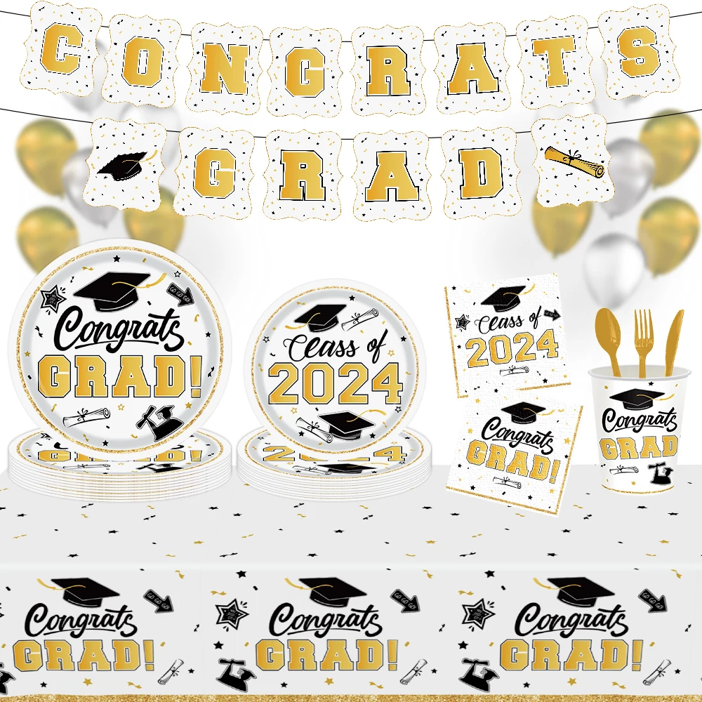 Abschluss feier Einweg geschirr Set Klasse 2024 Papp teller Tassen Tischdecke Glückwunsch Grad Party Dekoration Lieferungen Image