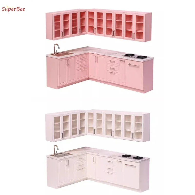 1/6 Puppenhaus Miniatur Holz Küchenschränke/Integriertes Herd Schrank Set Modell für Küchenmöbel Dekoration Zubehör