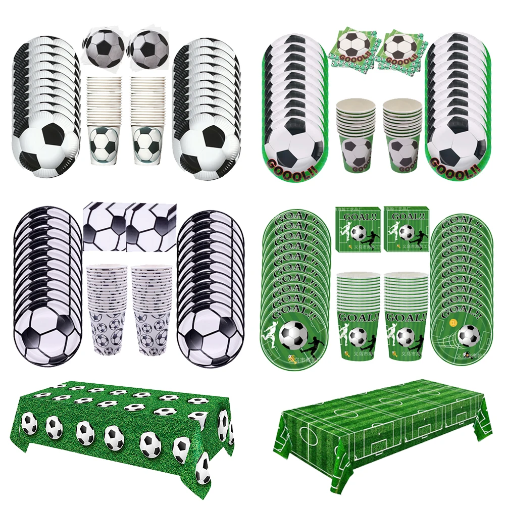 Fußball Thema Einweg Geschirr Set Pappteller Tassen Servietten Tischdecke Jungen Sport Fußball Geburtstag Party Decor Liefert Image
