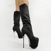 LAIGZEM Frauen Knie Hohe Stiefel Plattform Faux Wildleder 16CM Metall Stiletto Heels Hohe Stiefel Plattform Schuhe Frau Große Größe 33 39 42 43