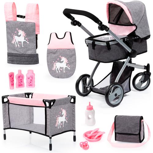 Puppenwagen BAYER ""Mega grau/rosa"" grau/rosa einhorn Kinder mit Reisebett, Schlafsack, Wickeltasche und Zubehör