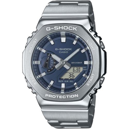 Chronograph CASIO G-SHOCK Armbanduhren silberfarben-dunkelblau, grau Herren Quarzuhr, Armbanduhr, Herrenuhr, Edelstahlarmband, Stoppfunktion