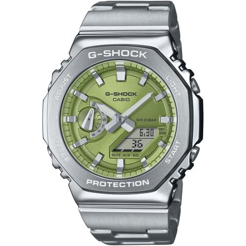 Chronograph CASIO G-SHOCK Armbanduhren silberfarben-grün, grau Herren Quarzuhr, Armbanduhr, Herrenuhr, Edelstahlarmband, Stoppfunktion