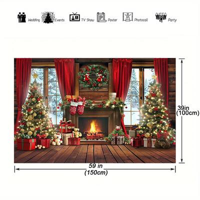 TEMU 1pc Christmas Fireplace Backdrops Rustic Wood Window Christmas Photo Backdrop Holiday Decorations Xmas Tree Gift Photo Booth Props Background For Photography Pictures