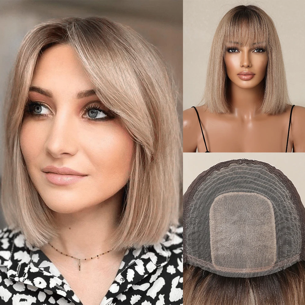 100% remy menschliches Haar Bob Perücken braun Ombre menschliches Haar Perücke mit Pony 10 Zoll glattes Bob Haar für weiße Frauen Perücken ohne Kleber