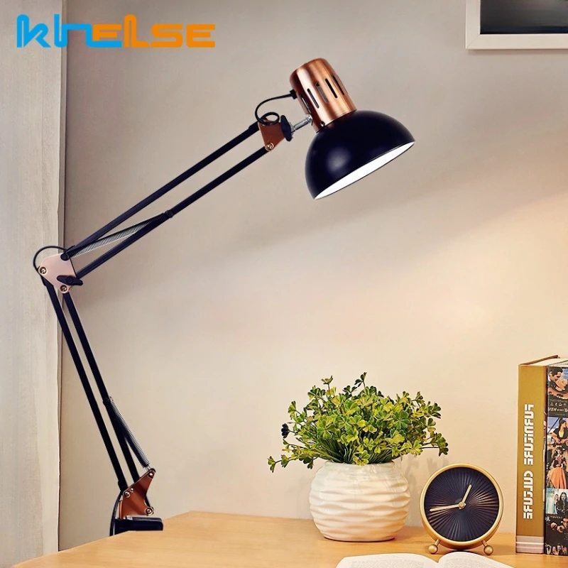 Industrielle faltbare LED-Tischlampe mit Klemme, E27, Teleskop-Schwenkarm, Schlafsaal-Leselampe, Nachttisch, Kinderzimmer, Schreibtischleuchte