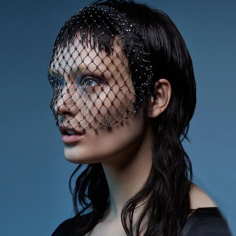 Schwarz luxus Haar Stirnband Schleier Strass Kopf Schal Wrap Kristalle Birdcage Schleier Hoop Hochzeit Schmuck Kopfschmuck Zubehör Image