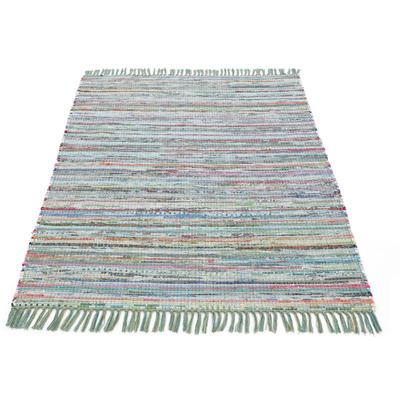 Teppich CARPETFINE "Kelim Chindi, Wendeteppich", grün, B:160cm H:6mm L:230cm, Baumwolle, Polyester, Teppiche, Fransenteppich, handgewebt, Fleckerlteppich mit Fransen, auch vielen in Läufergrößen Image