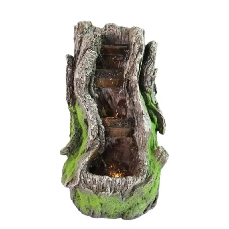 Wasserbrunnen für den Außenbereich für Gärten und Terrassen, Bodenbaumrinde, Wasserbrunnen mit LED-Leuchten, Wasserfall-Gartenbrunnen
