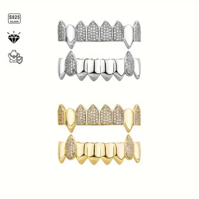 2pcs S925 Silver With 4.7 Carat Moissanite Hip Hop Street Rap Men Women Teeth Grill, Ice Micro Pave