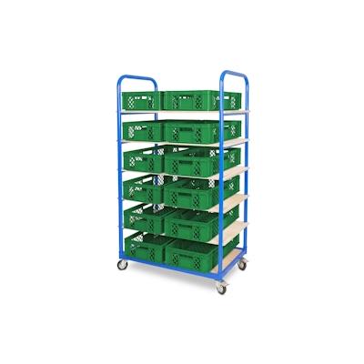 BRB Etagenwagen mit 6 Ebenen, BxTxH 1050x500x1690 mm, 4 Lenkrollen, 2 Rollen mit Feststellbremse mit 12 Euroboxen BxTxH 600x400x150 mm Image