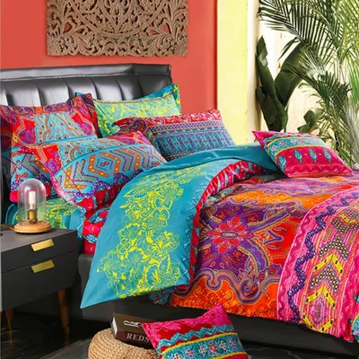 Exotic Boho Duvet Cover Set Soft Bohemian Bedding Red Teal Mandala Printed Bedding Reversible Striped Zipper Bed Comforter Cover