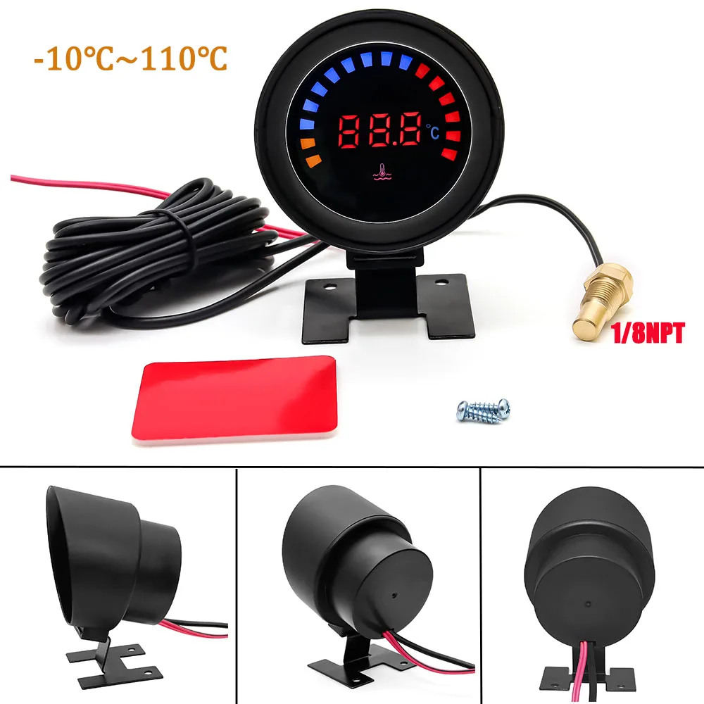 Automotive Water Temperature Meter Car Gauges Universal 2" 52mm Digital Temp Indicator 1/8NPT Water Temp Joint Pipe Sensor 10mm
