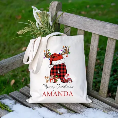 Personalised Name & Initial Christmas Tote Bag Xmas gifts bag for kids Personalized Holiday Tote Bag