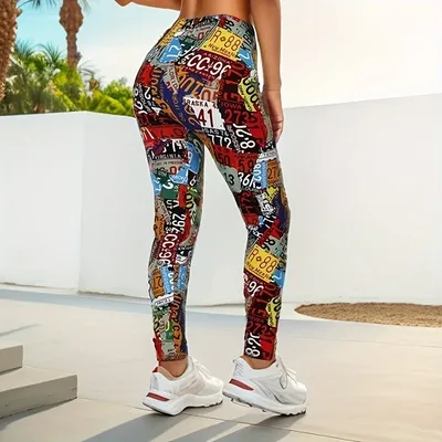 PD47 European and American Printed Digital Leggings, Matte Printed Small Foot Elastic WOMEN'S Cropped Pants, Graffiti Pants