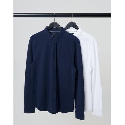 Threadbare Men's White & Navy Cotton Pique Jersey Long Sleeve Shirts (2 Pack)