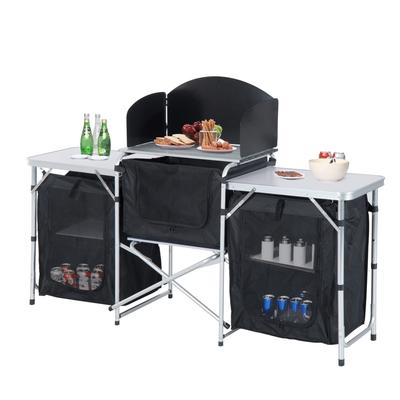 Aluminum Portable Camping Kitchen Fold-Up Cooking Table With Windscreen and 3 Enclosed Cupboards for BBQ, Party, Picnics