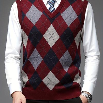 TEMU Men's Argyle Knitted Sleeveless Sweater, Formal V Neck Slim-fit Vest For Outdoor Activities