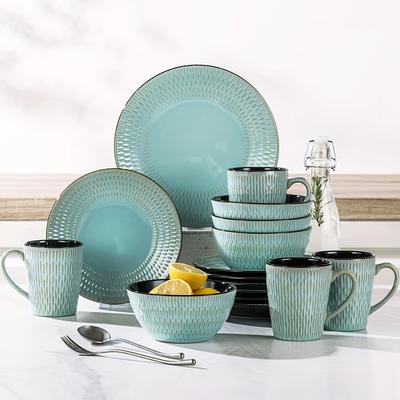 TEMU Embossed Dinner Set, Stoneware Vintage Look Green Dinnerware Tableware, 16 Pieces Dinner Service Set For 4, , Dessert Plate, Cereal Bowl And Mug Image