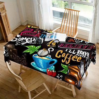 TEMU 1pc Chic Coffee And Text Design Tablecloth - Rectangular Polyester Tablecloth, Easy To Clean, For Parties, Dining Decor And Outdoor Use Image