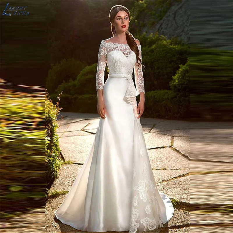 Layout Niceb Vintage lange Ärmel Spitze Meerjungfrau Brautkleid Braut Satin Brautkleider elegant plus Größe benutzer definierte Vestido de Novia Vintage langen Ärmeln Spitze Meerjungfrau Hochzeit
