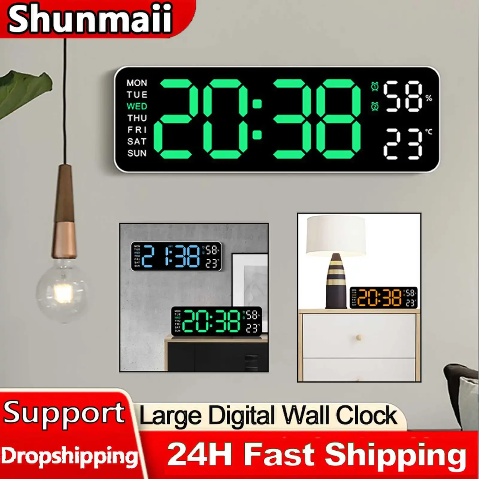 Große digitale Wanduhr Temperatur Luft feuchtigkeit Nacht modus Schlummer 12/24h Woche Anzeige Tisch elektronische LED Wecker Wohnkultur Image