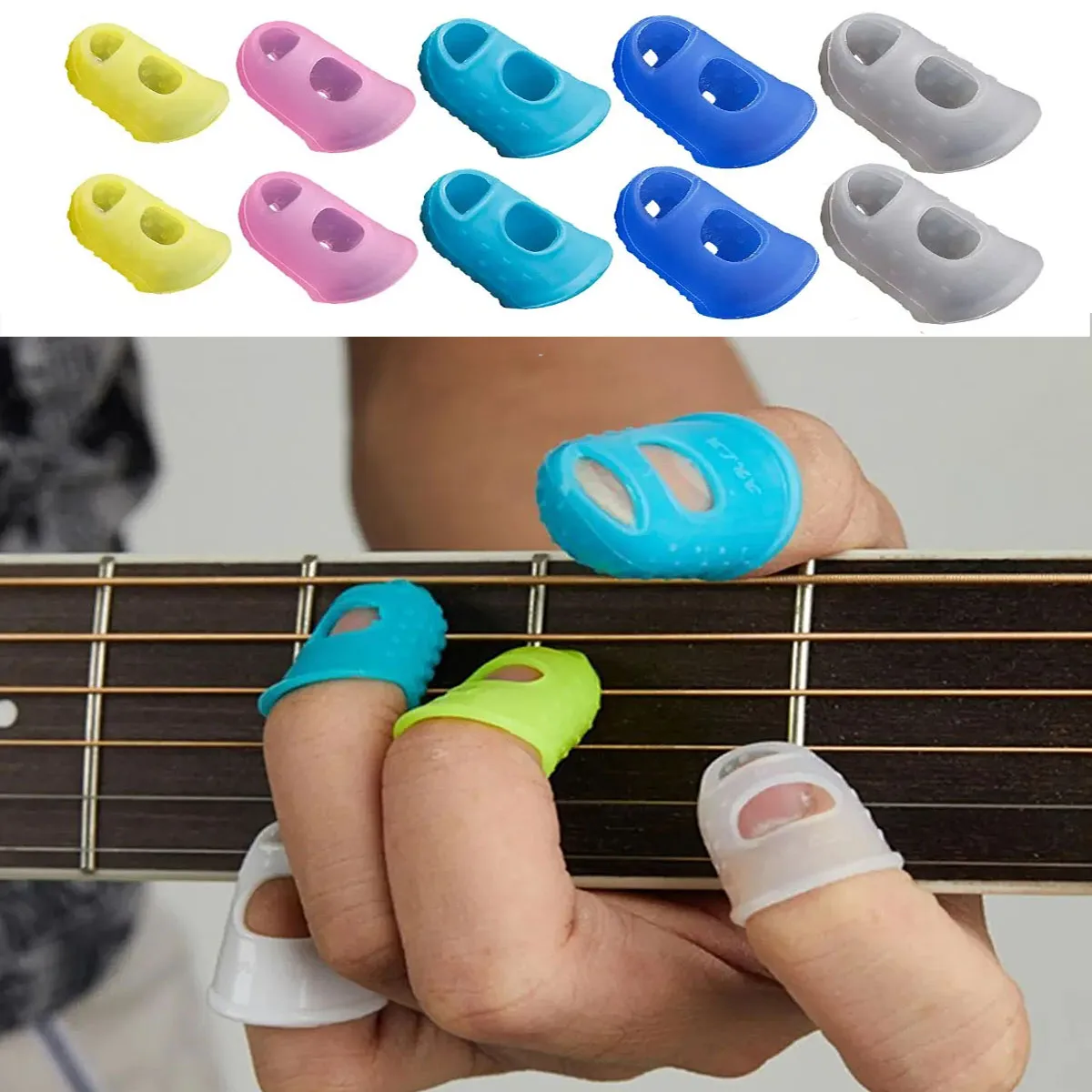 10PCS Bunte Silikon Gitarre Fingertip Schutz Rutschfeste Fingerstall Für Anfänger Spielen Elektrische Gitarre Bass Ukulele Kalimb Image