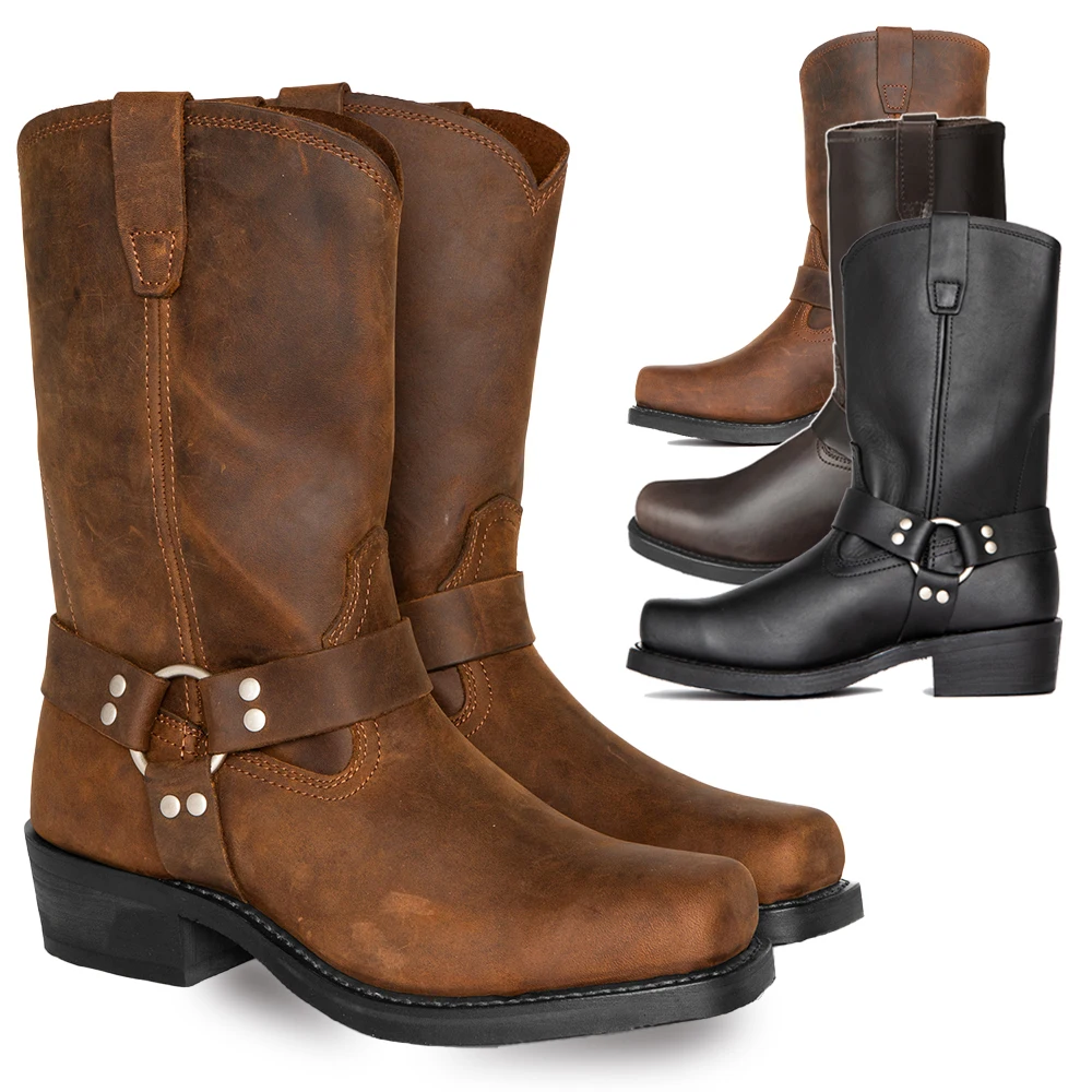 Herren-Cowboy-Westernstiefel, modische Schuhe mit mittelhohem Absatz, 4,5 cm erhöht, lässige mittelhohe Stiefel aus Kunstleder, Stiefel mit eckiger Spitze