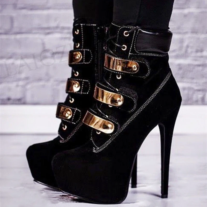 LAIGZEM Frauen Ankle Booties Plattform High Heel Lace Up Handarbeit Kurze Stiefel Damen Schuhe Frau Botines Mujer Große Größe 34-52