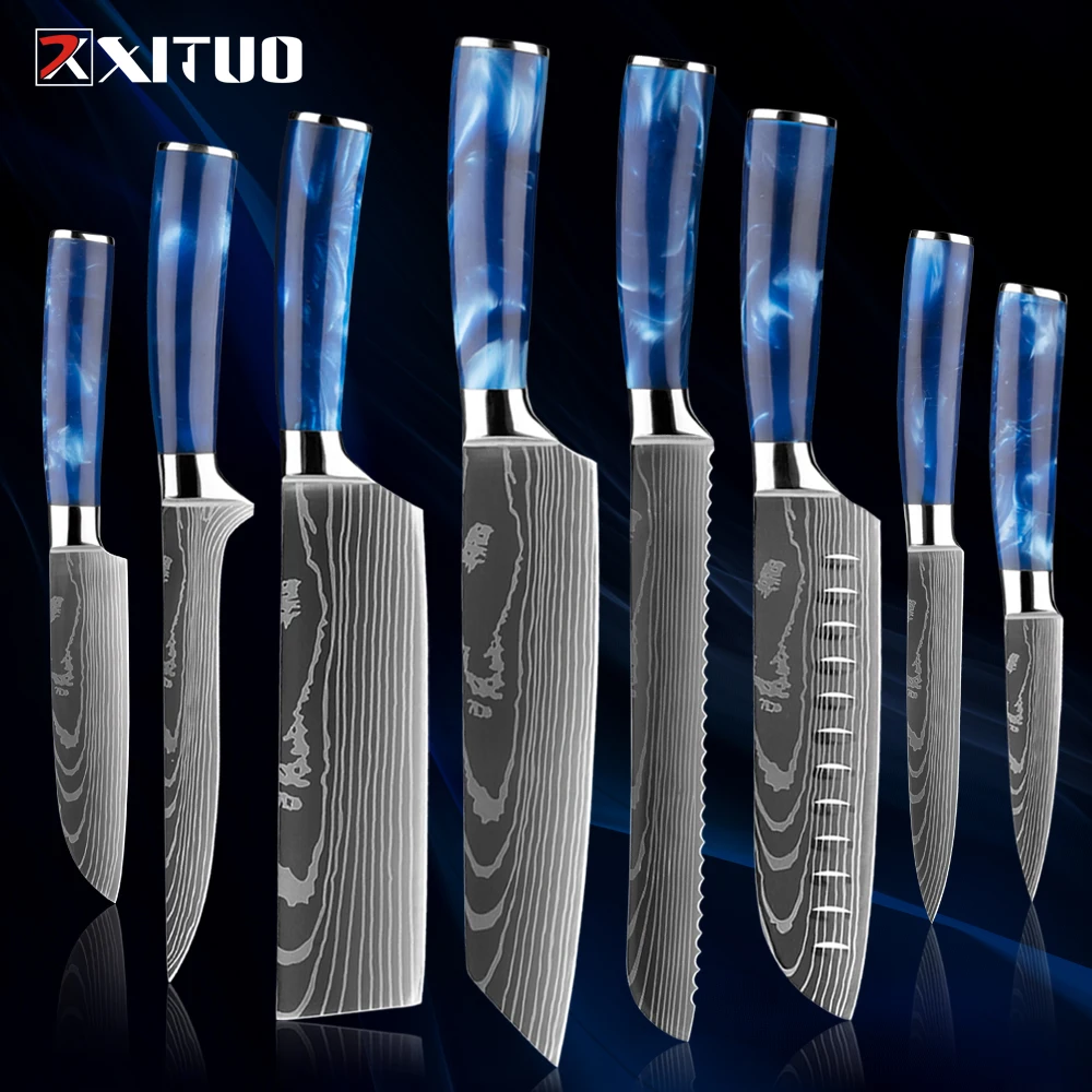 Xituo 1-8 Stück Küchenmesser set, blauer Harz griff für Kochmesser, Gemüse messer, Ausbein messer, Santoku-Messer, rasiermesser scharf Image