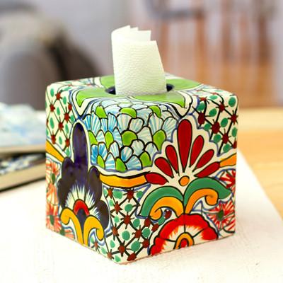 'Hacienda-Themed Talavera Ceramic Tissue Box Cover in Green'