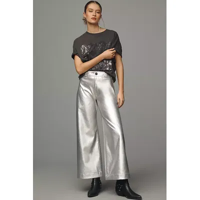 The Ettie High-Rise Crop Wide-Leg Trousers by Maeve: Metallic Faux-Leather Edition