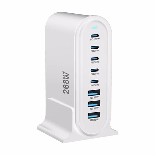 Caricabatterie USB multiporta da 268 W, caricabatterie rapido USB C, hub stazione di ricarica a 8 porte, adattatore di alimentazione per caricabatterie GAN compatto e veloce