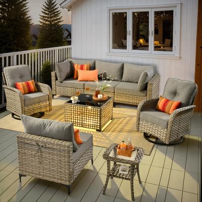 OVIOS 8 Pieces Outdoor Wicker Swivel Chair Set With Solar-Powered Coffee Table