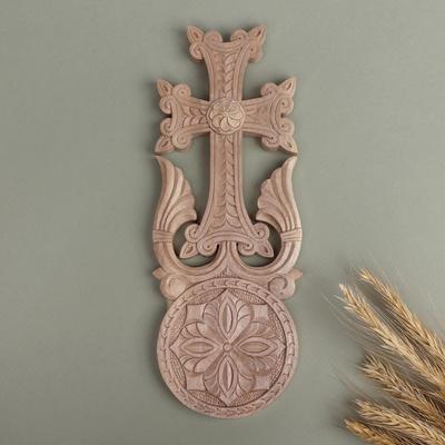 'Folk Art Armenian-Themed Jugha Cross Walnut Wood Wall Accent'