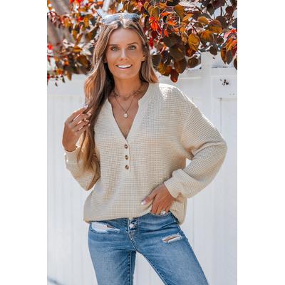 Khaki Knit V-Neck Front Button Tee