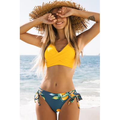 Yellow Twisted Front & Floral Print Tie Side Bikini Swimsuit