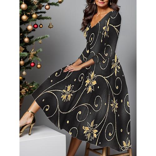 New Year Women's Midi Dress A Line Dress Winter Dress Swing Dress Semi Formal Dress Fashion Streetwear Modern Formal Outdoor Party Regular Fit Floral Snowflake 3/4 Length Sleeve V Neck Black Wine Red