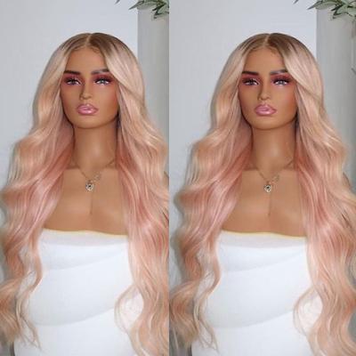 Remy Human Hair 13x4 Lace Front Wig Free Part Brazilian Hair Wavy Pink Wig 130% 150% Density Ombre Hair Natural Hairline Glueless Pre-Plucked For Women Long Human Hair Lace Wig