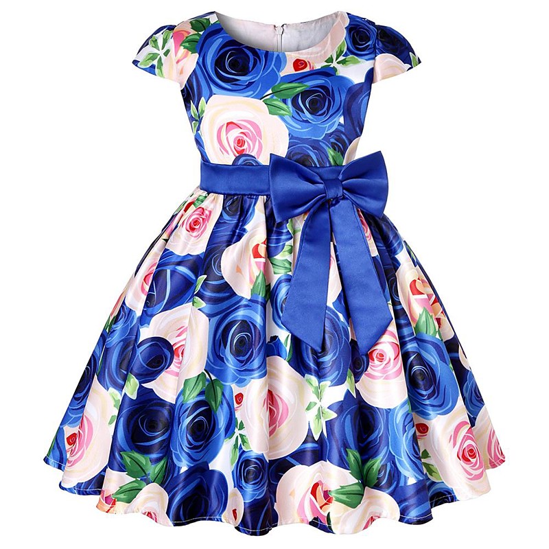 Kids Girls' Dress Party Dress Flower Short Sleeve Performance Christening dress Tie Knot Princess Polyester Midi Party Dress Summer Spring 3-10 Years claret Multicolor Color blue